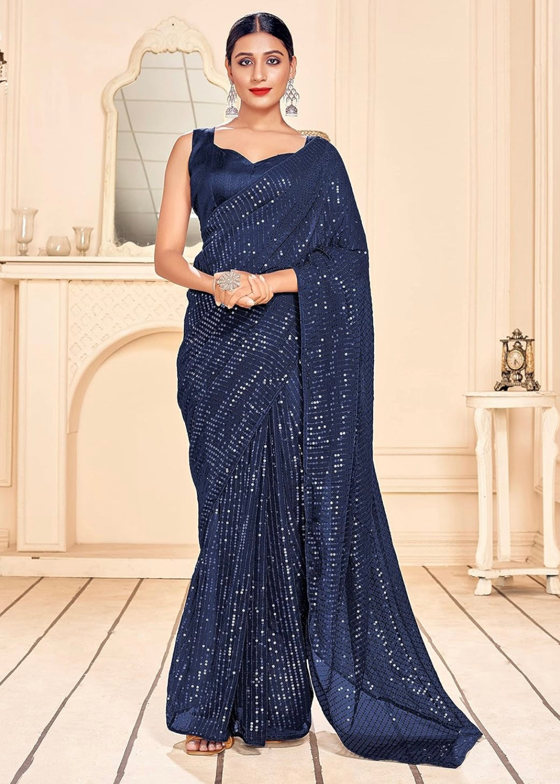 Pre-stitched Blue Sequin Saree and Blouse (Set)