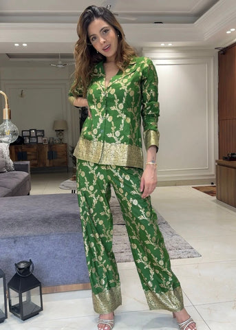 PREORDER - Green Brocade Pant Suit